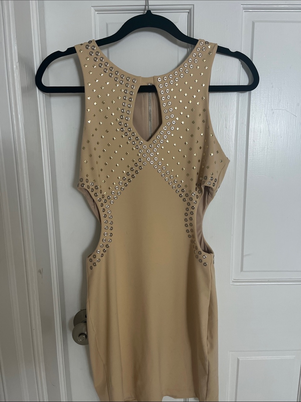 bebe Beige Studded Cutout Mini Dress- S